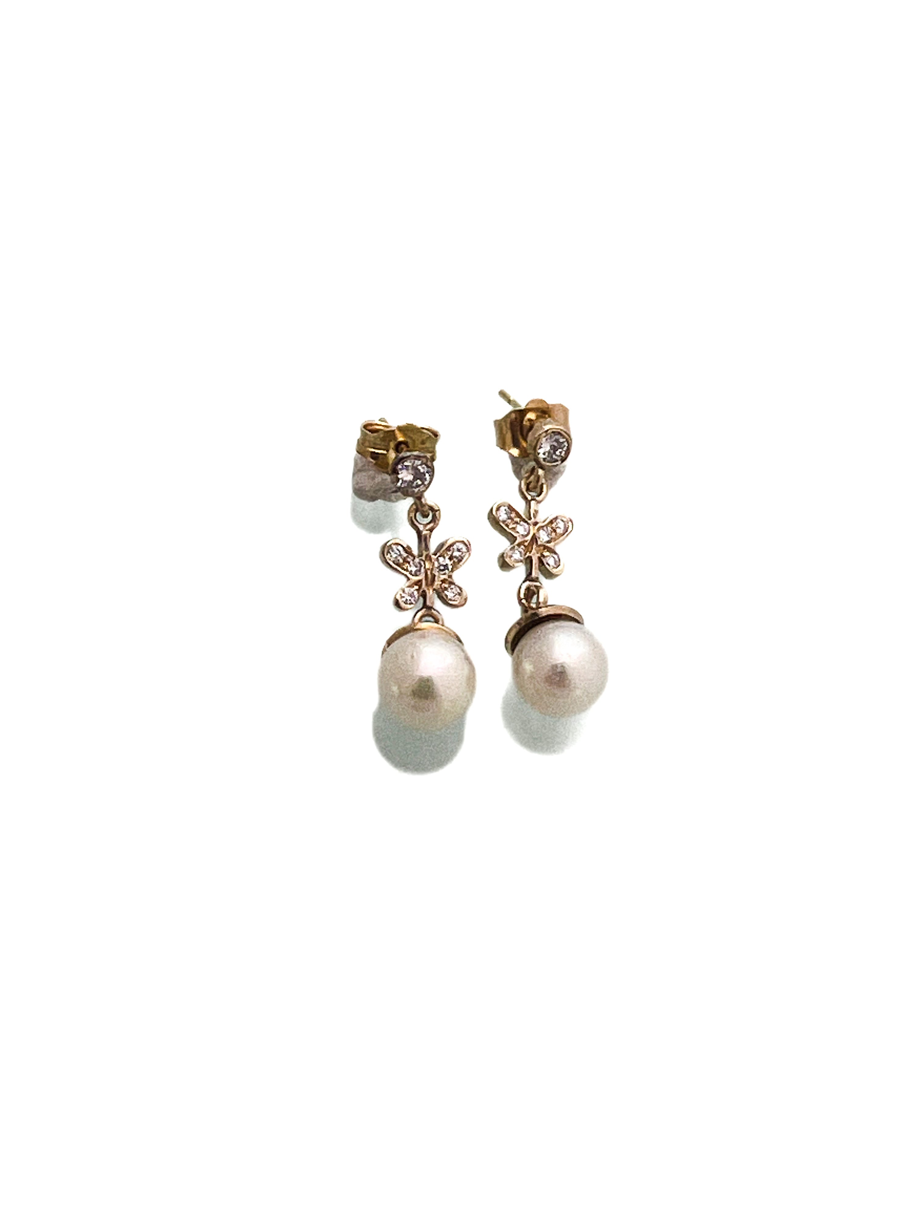 עגילי וינטג' זהב 14 קארט נופלים עם פנינה ושיבוץ יהלומים