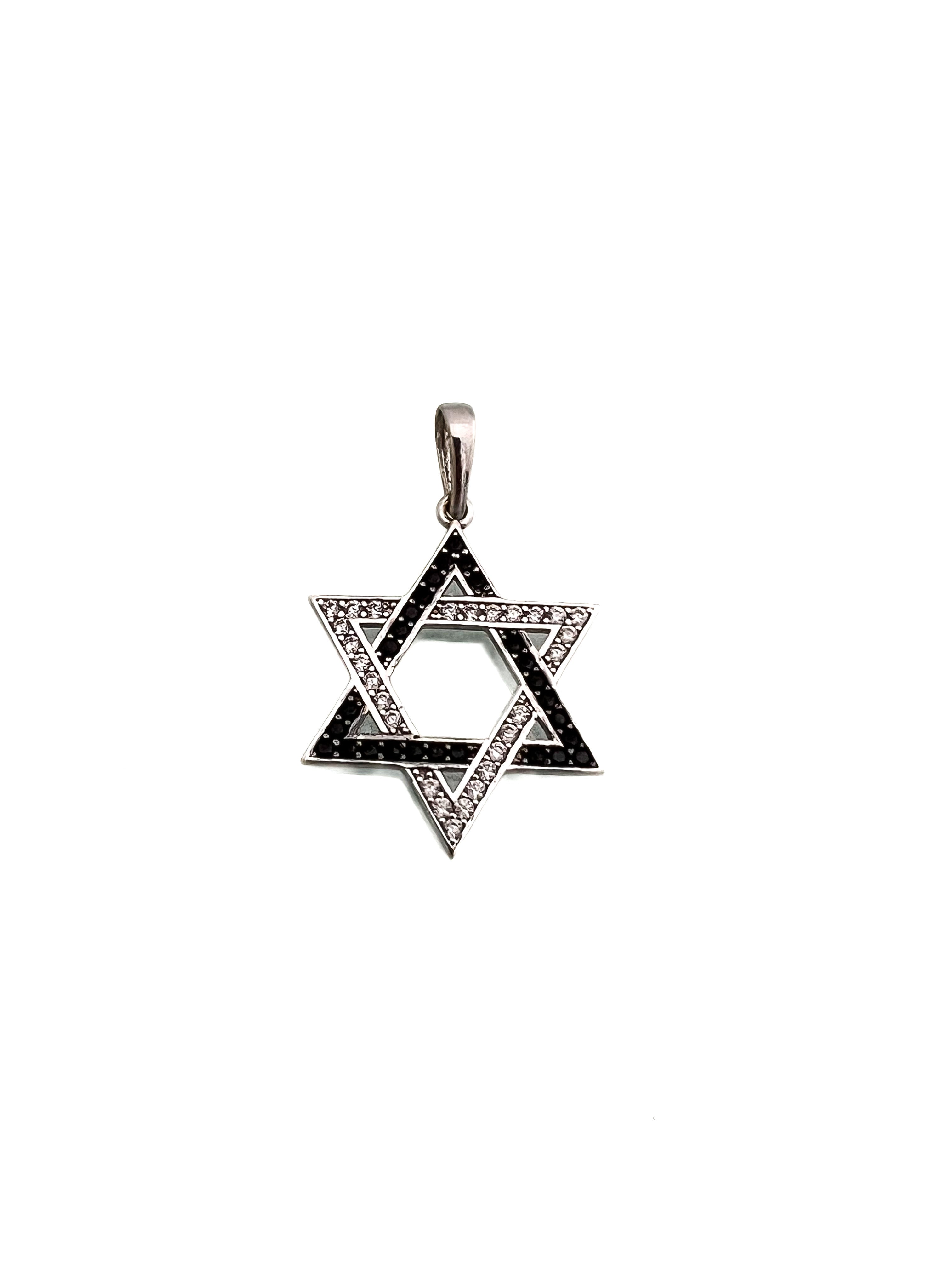 תליון מגן דוד 14 קארט משובץ זירקונים לבנים ושחורים