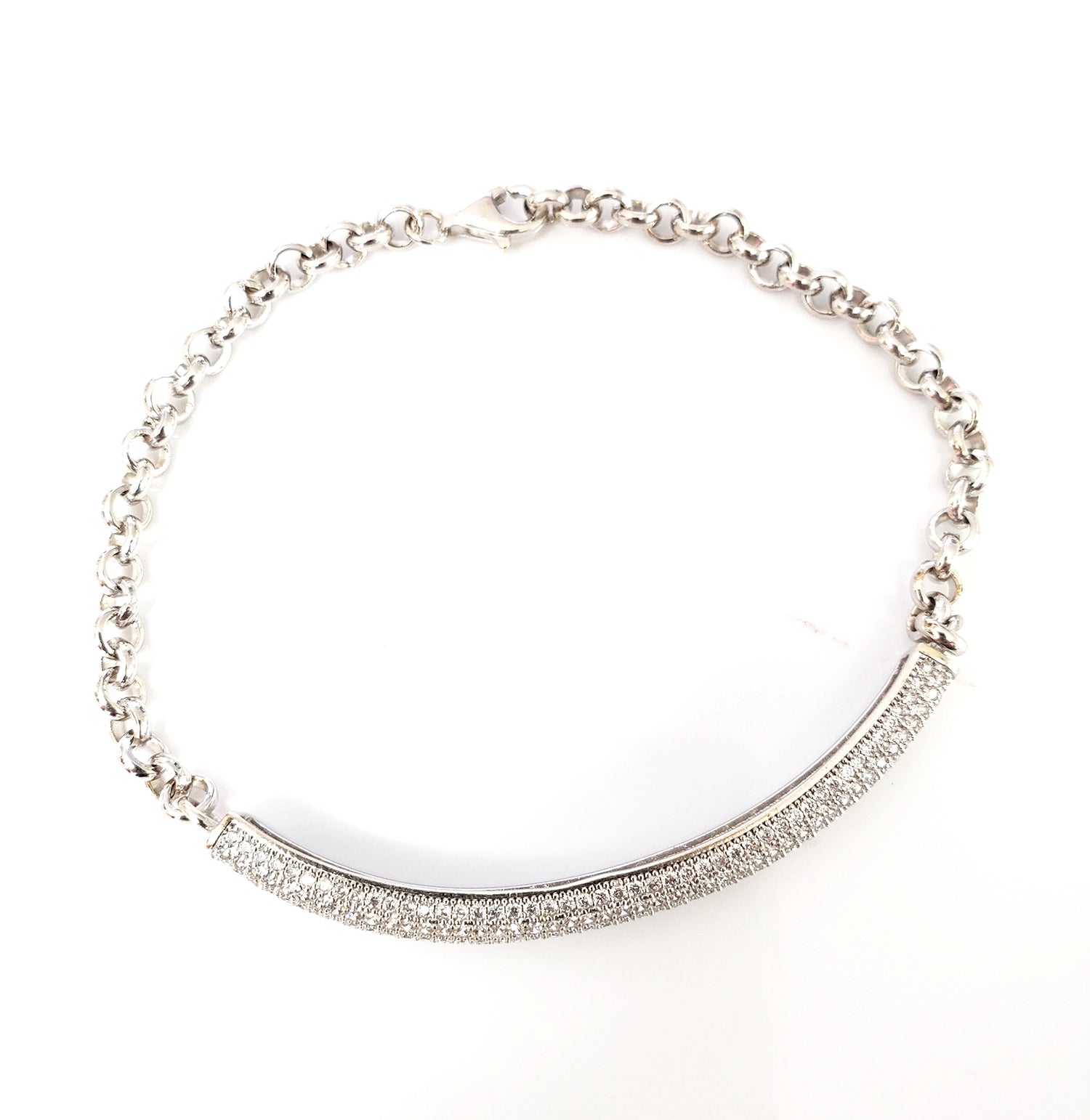 צמיד זהב לבן 14 קארט עם פס משובץ שורות זירקונים