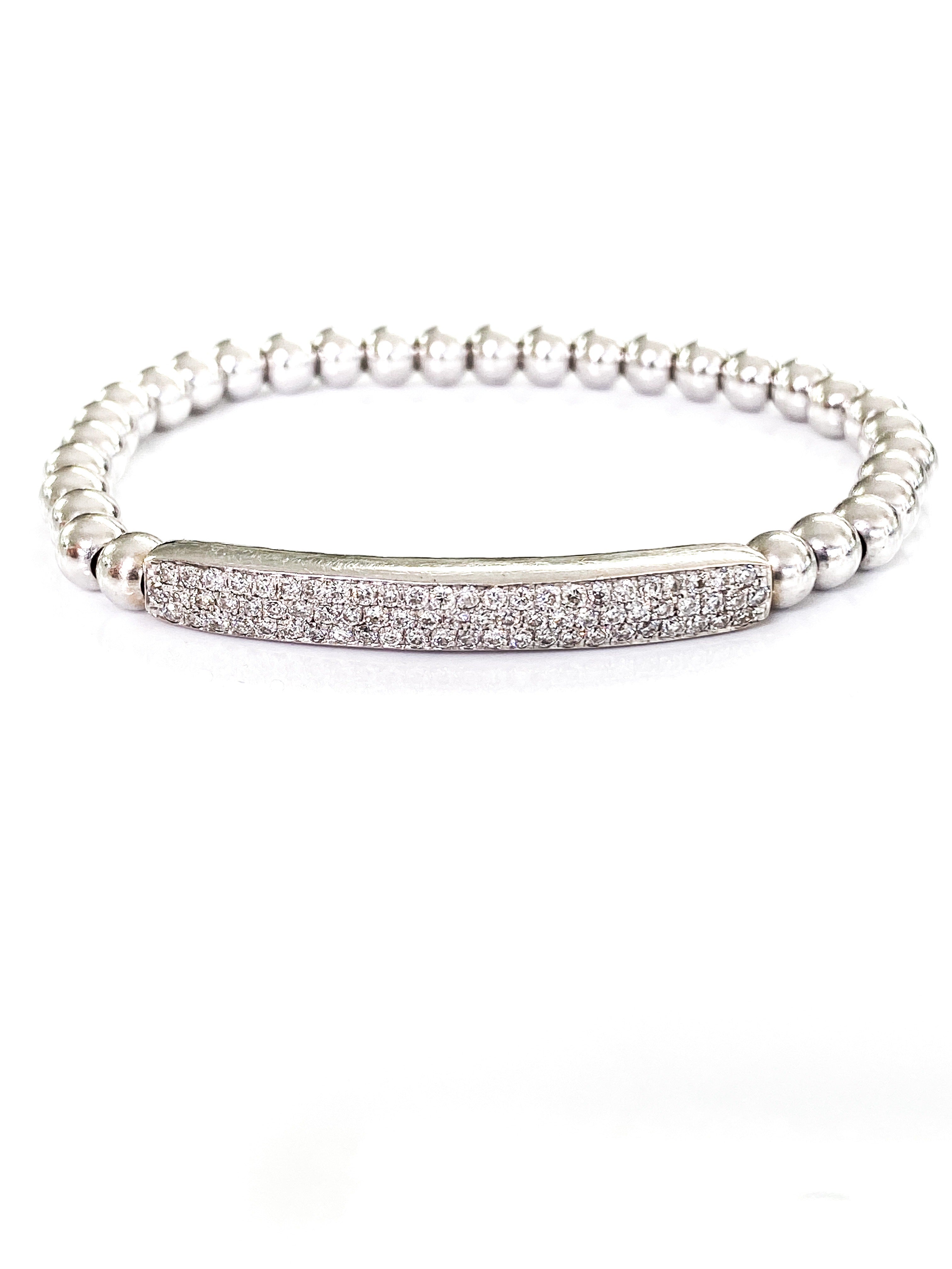 צמיד נמתח זהב לבן 14 קארט כדורים עם פלטת יהלומים