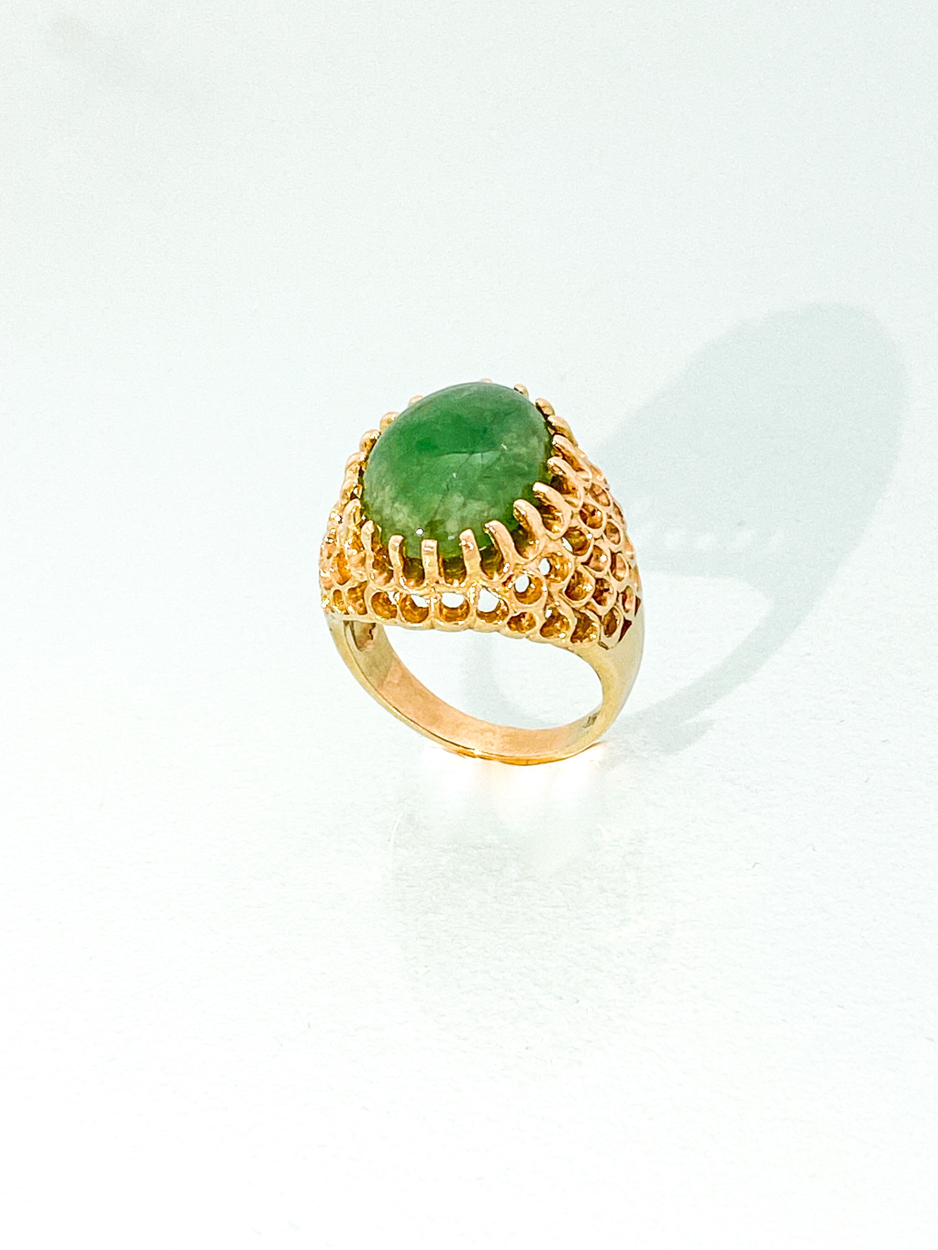 טבעת תחרה זהב 14 קארט עם אבן ג'ייד טבעית