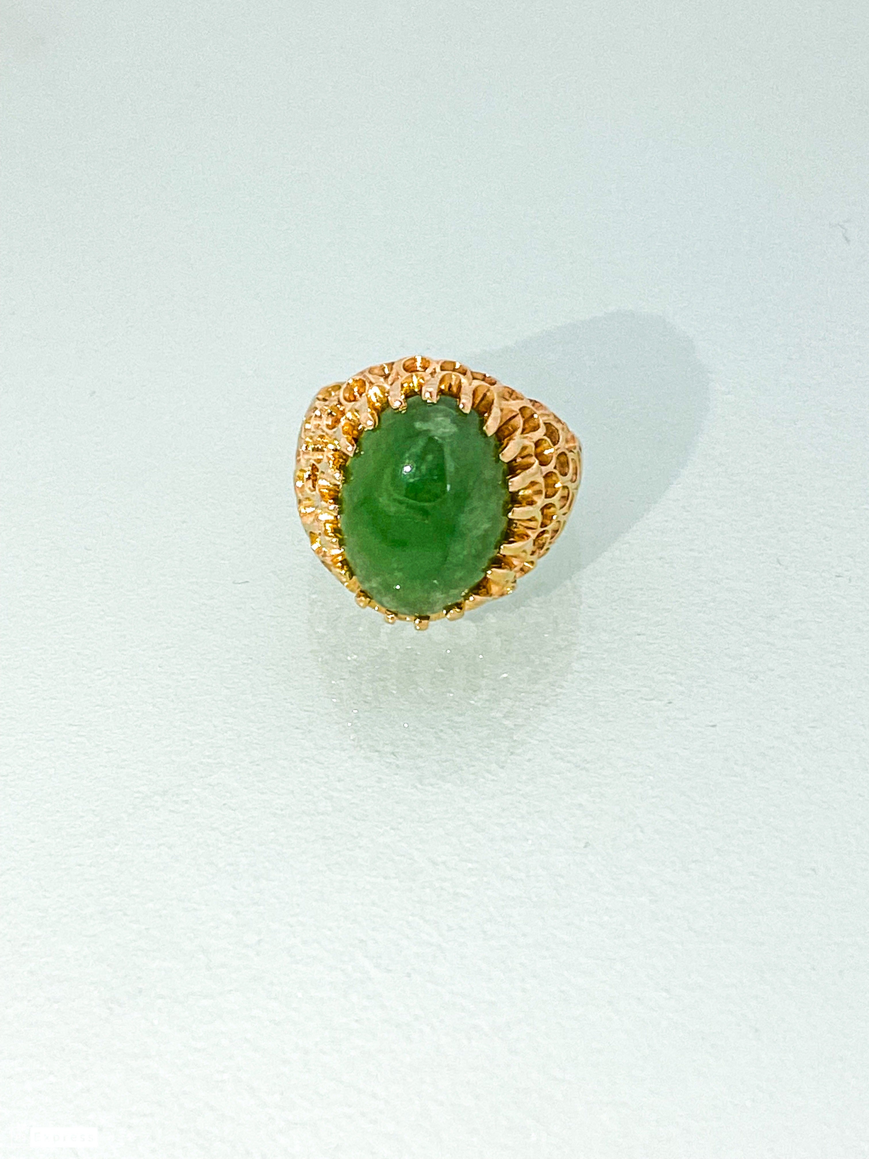 טבעת תחרה זהב 14 קארט עם אבן ג'ייד טבעית