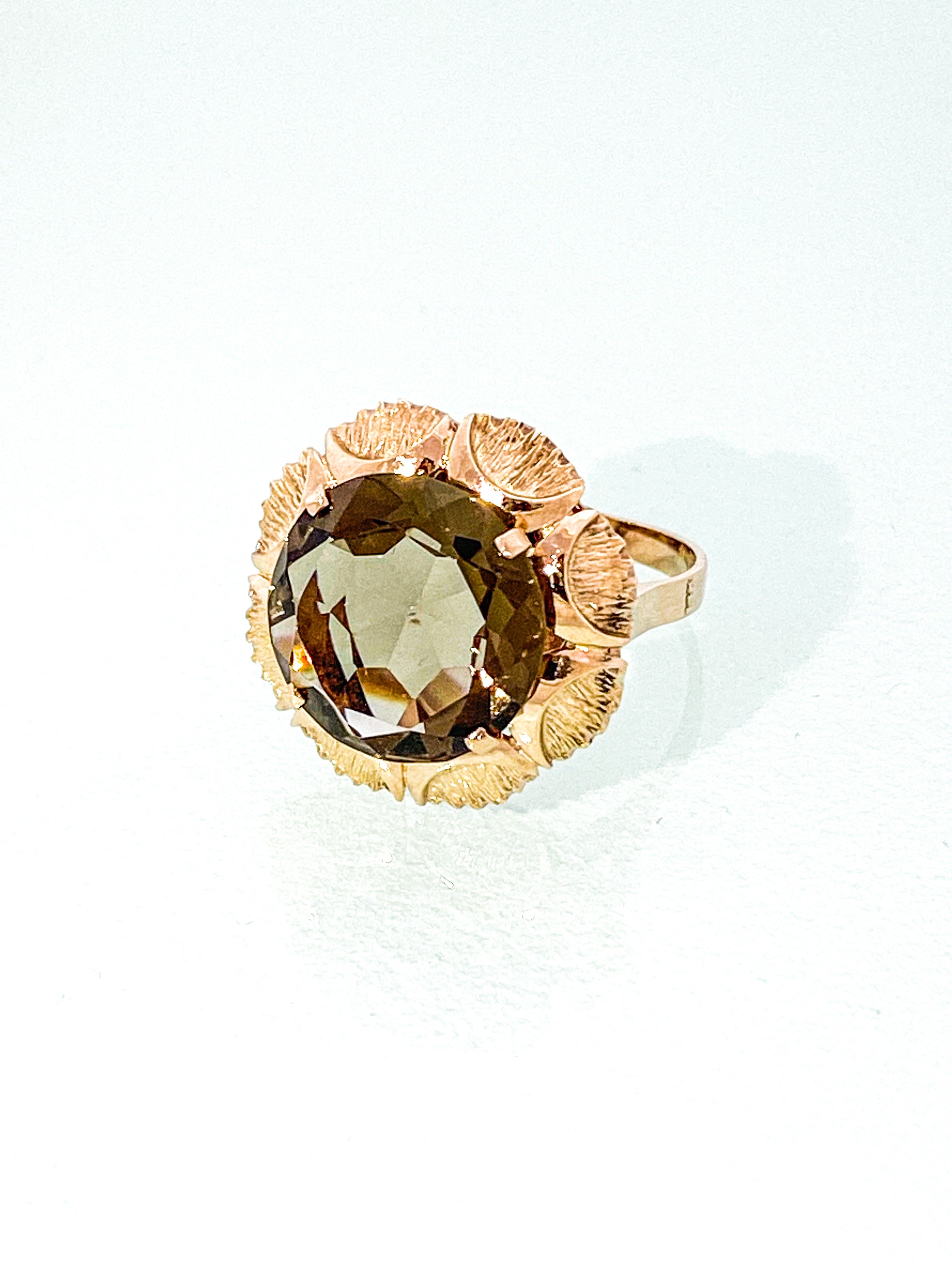 טבעת פרח זהב אדום אבן מרכזית קוורץ