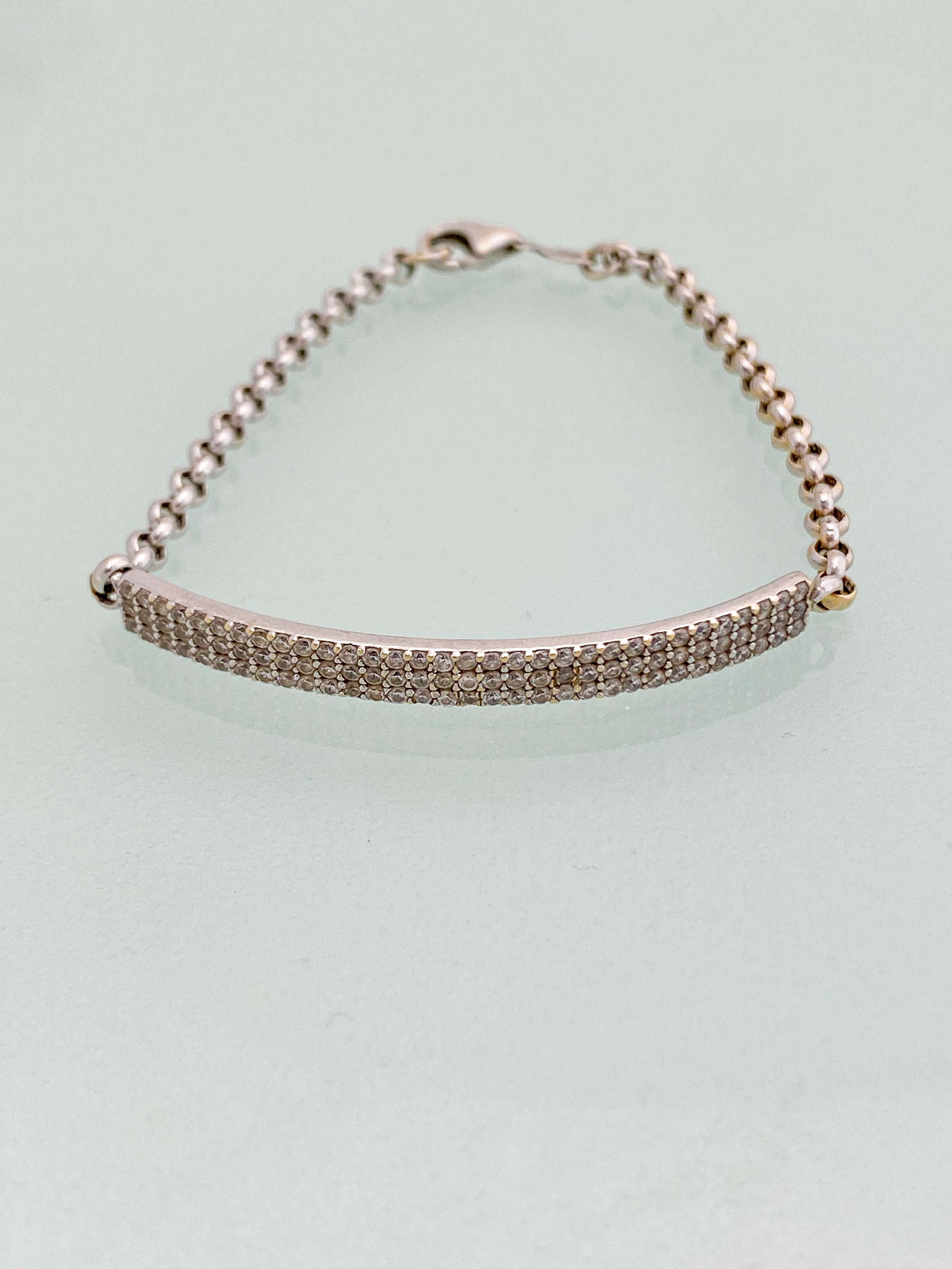 צמיד חוליות זהב לבן 14 קארט עם פלטת זירקונים