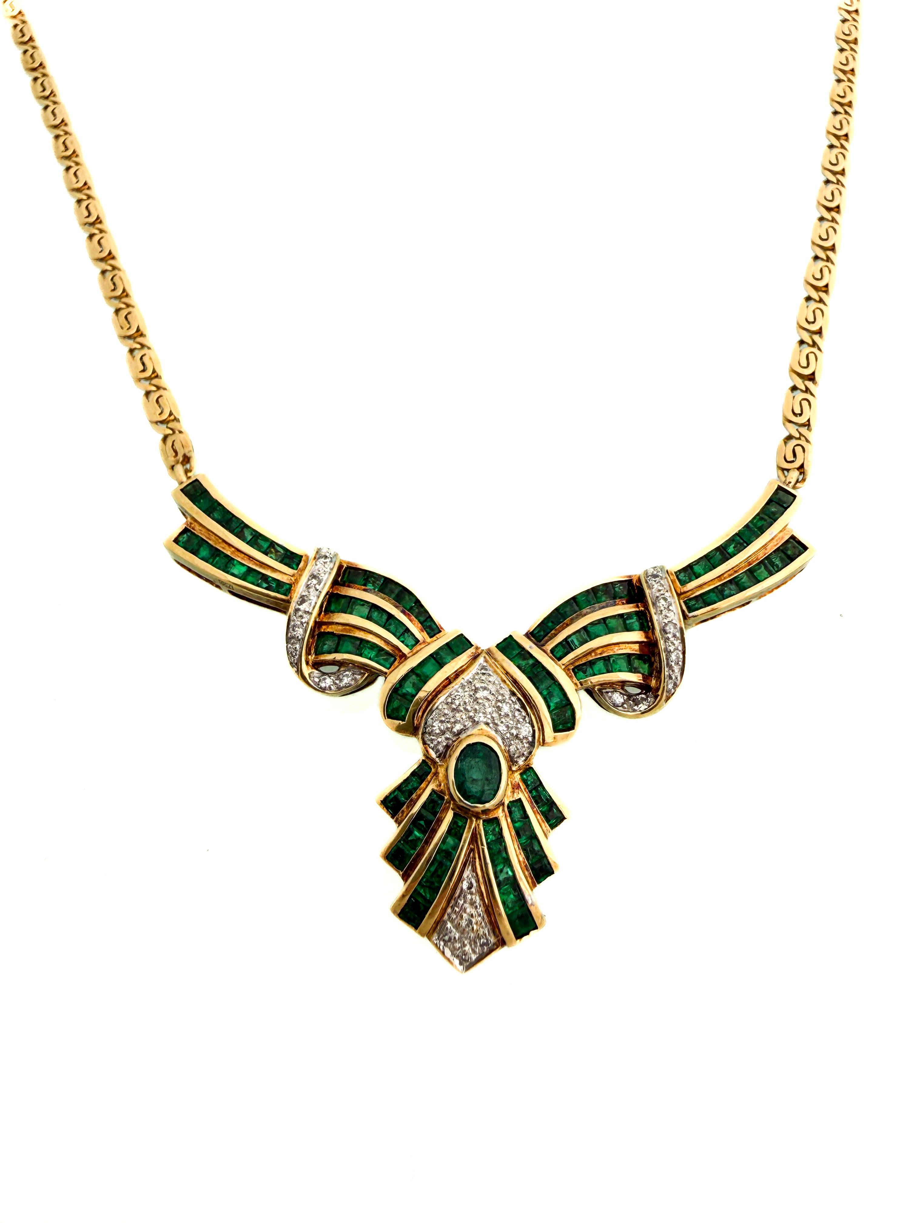 שרשרת וינטג' 18 קארט משובצת אמרלדים ויהלומים