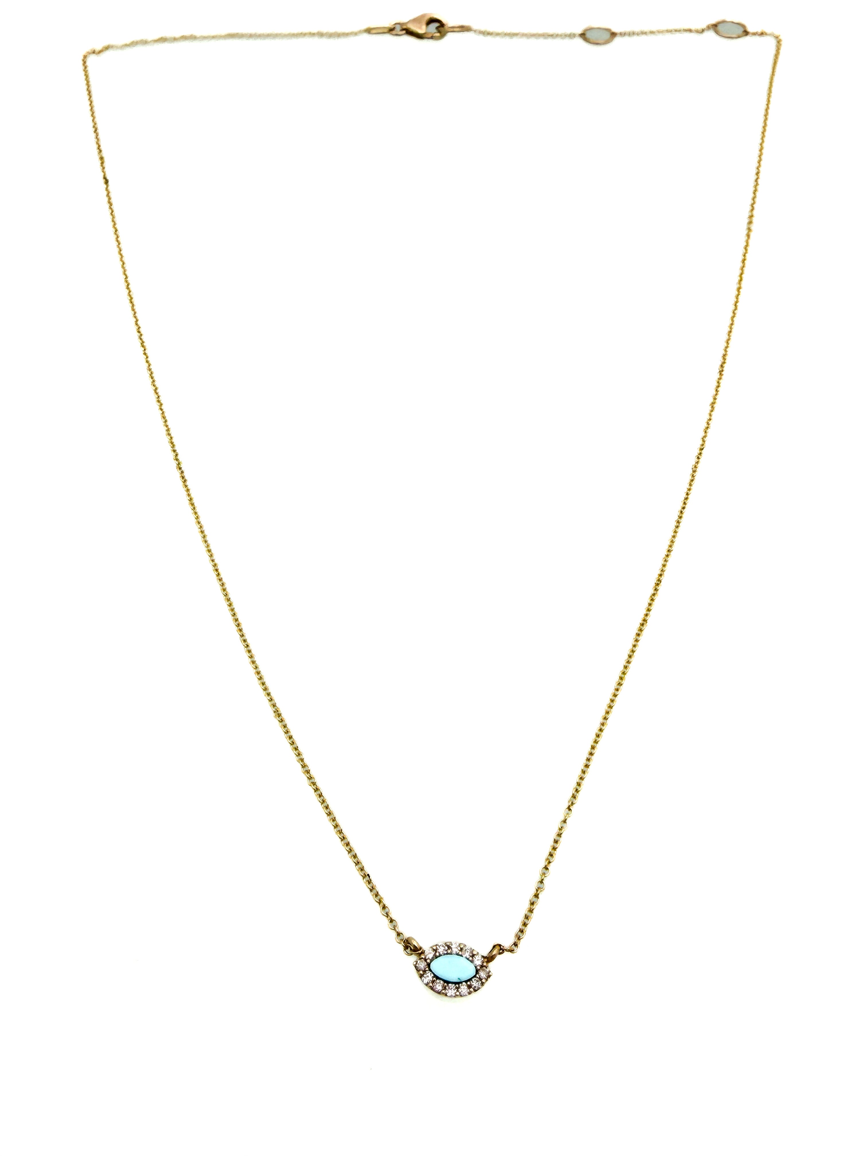 שרשרת עין זהב 14 קארט אבן טורקיז ומסביב יהלומים