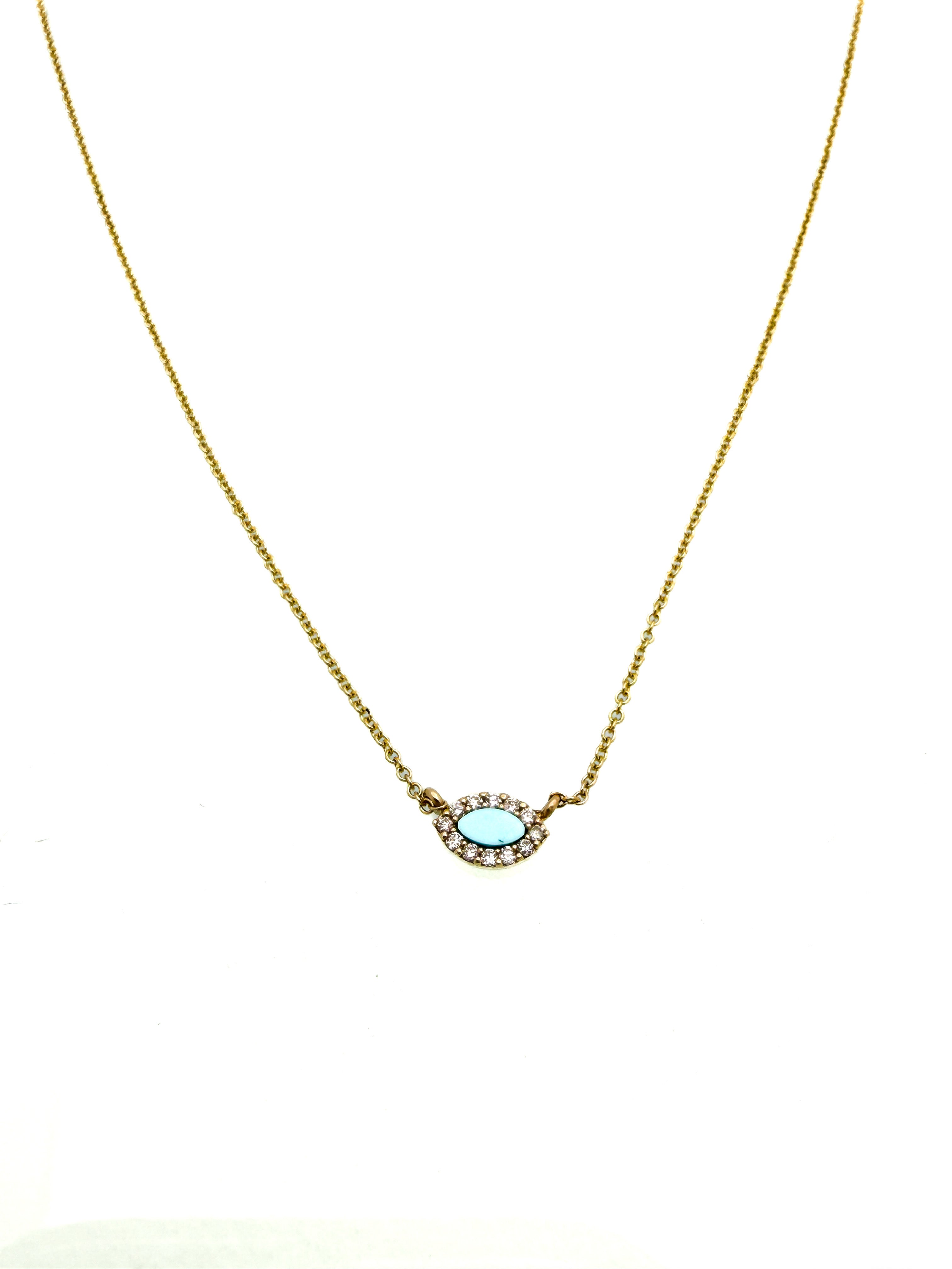 שרשרת עין זהב 14 קארט אבן טורקיז ומסביב יהלומים