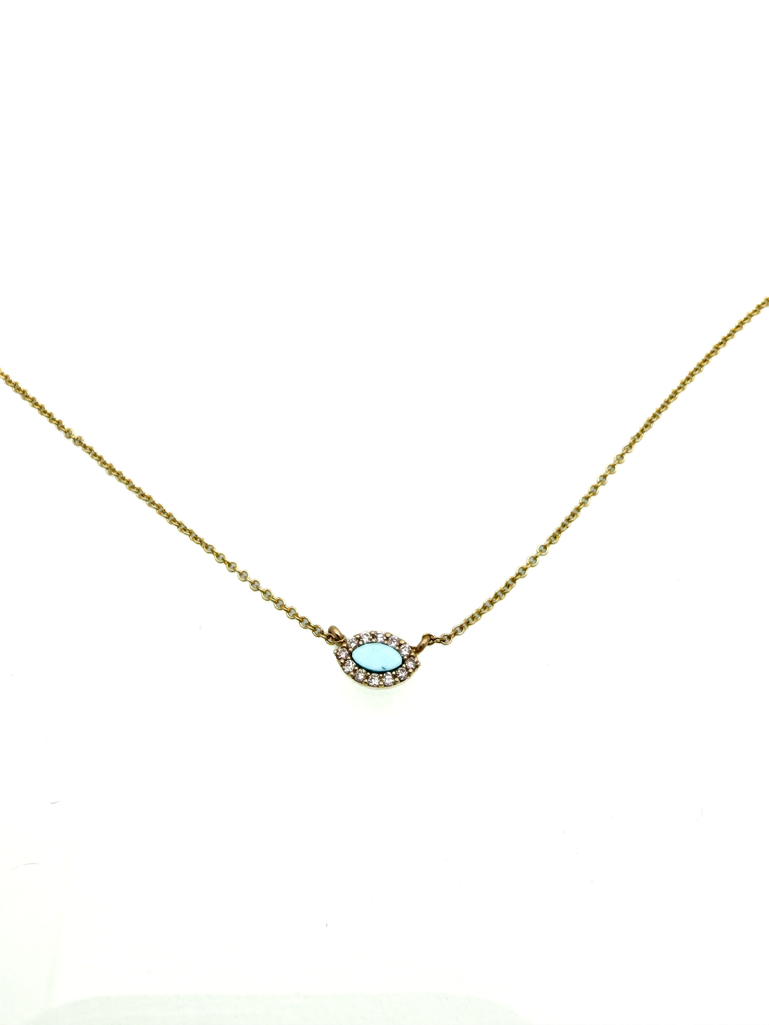 שרשרת עין זהב 14 קארט אבן טורקיז ומסביב יהלומים