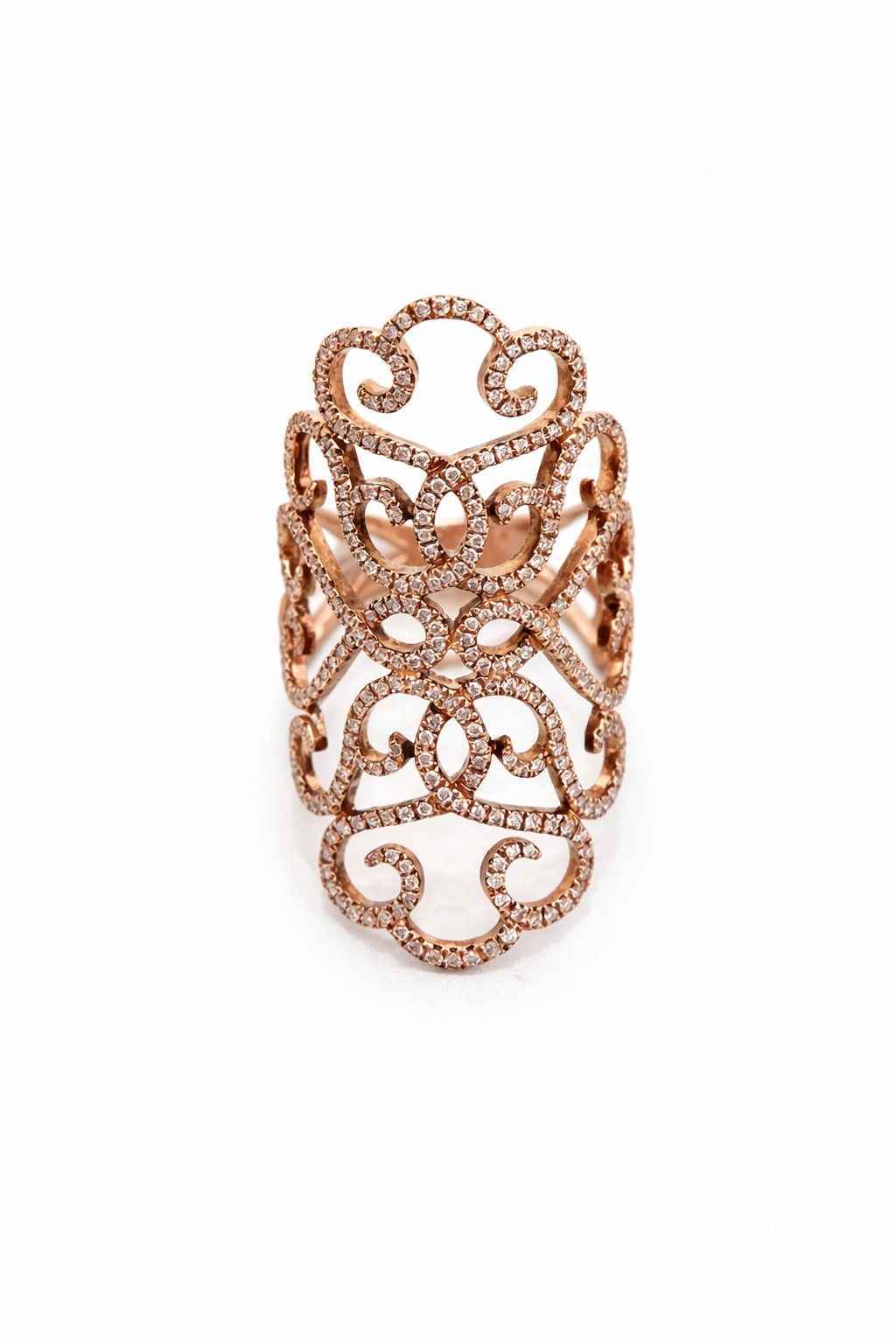 טבעת מעוצבת זהב אדום 14 קארט משובצת יהלומים