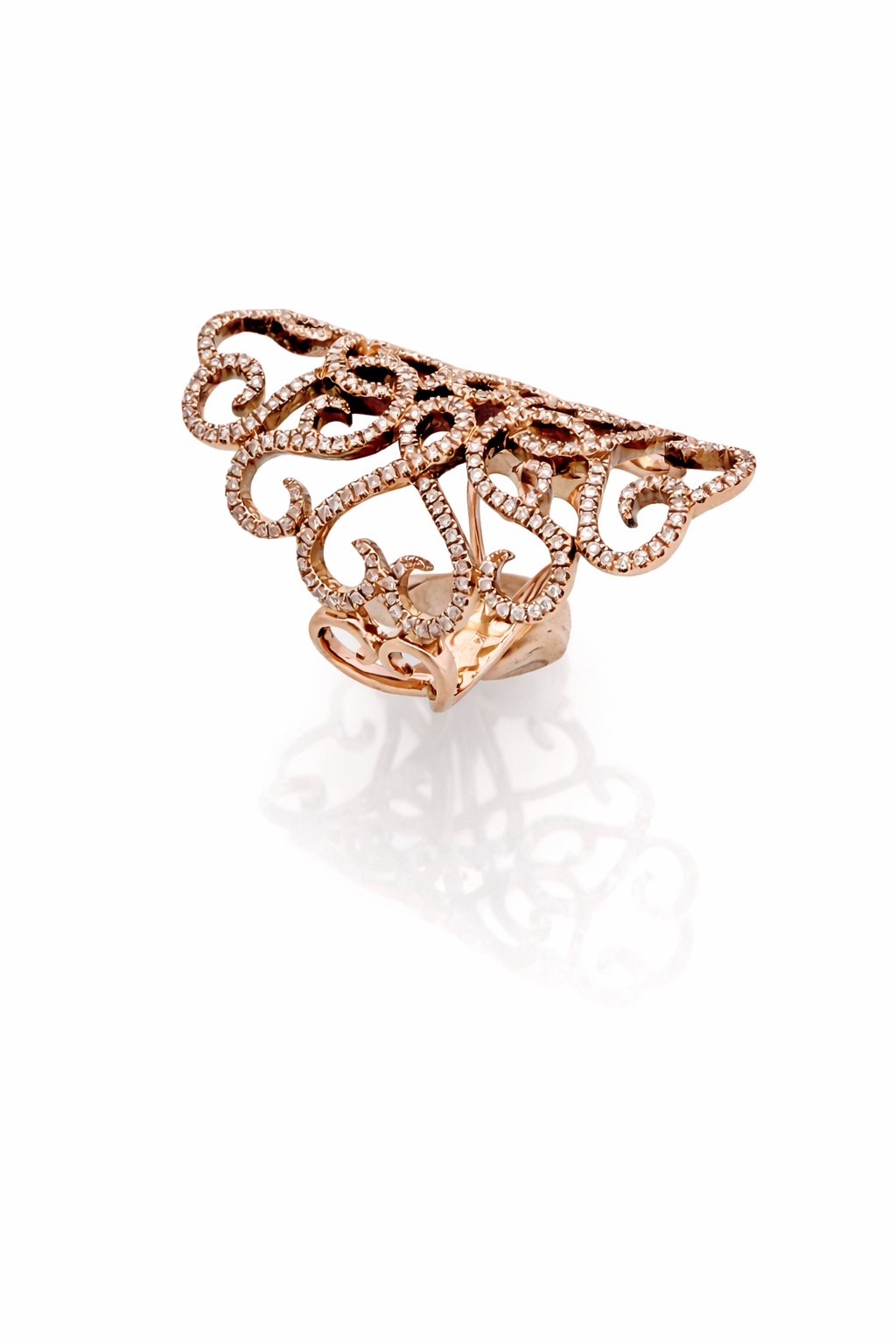 טבעת מעוצבת זהב אדום 14 קארט משובצת יהלומים