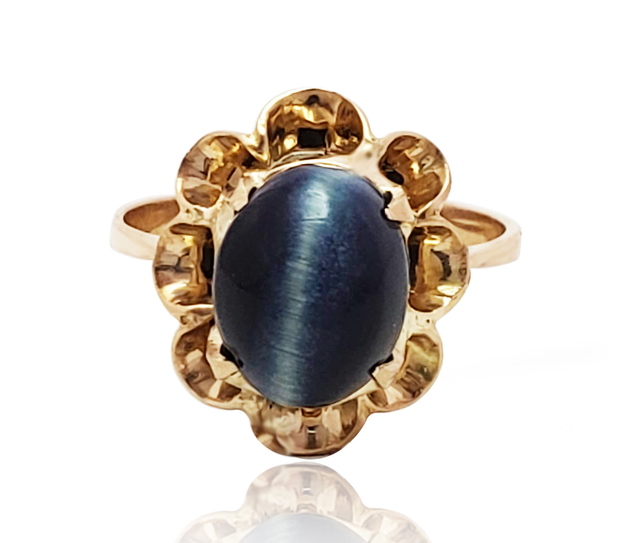 טבעת פרח זהב 14 קארט עם אבן לפיז לזולי